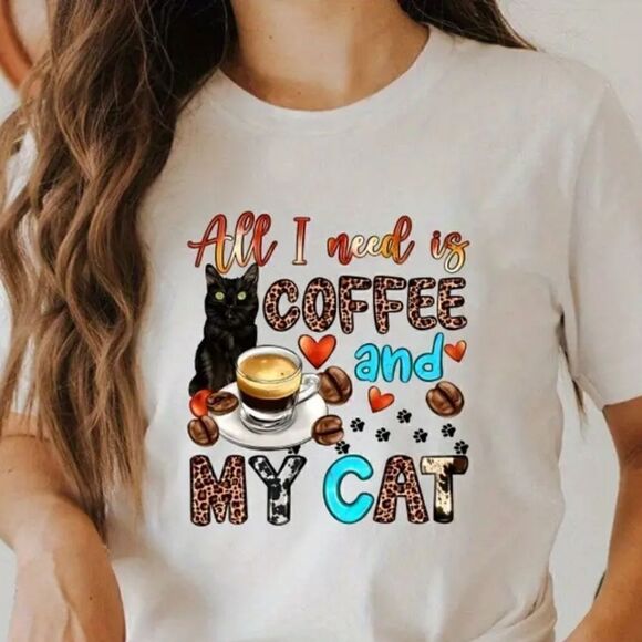Graphic Print V-Neck T-Shirt All I Need is Coffee and my Cat T-Shirt - Picture 10 of 10